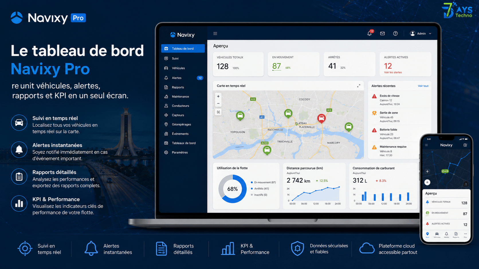 Gestion de flotte Cote d'Ivoire - tableau de bord Navixy Pro de suivi des vehicules a Abidjan et San Pedro