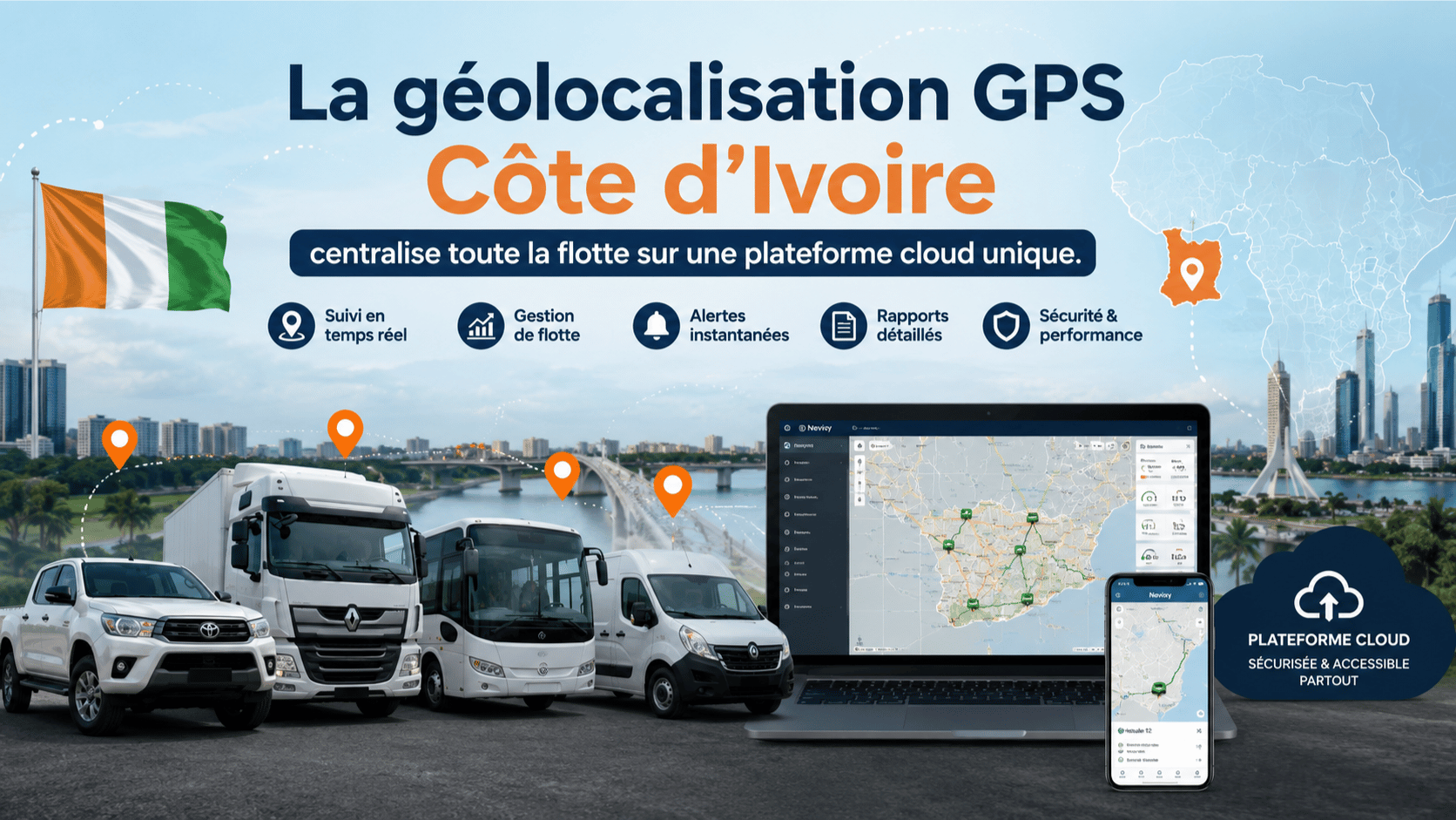 Geolocalisation GPS Cote d'Ivoire - suivi de flotte en temps reel sur la plateforme Navixy Pro a Abidjan