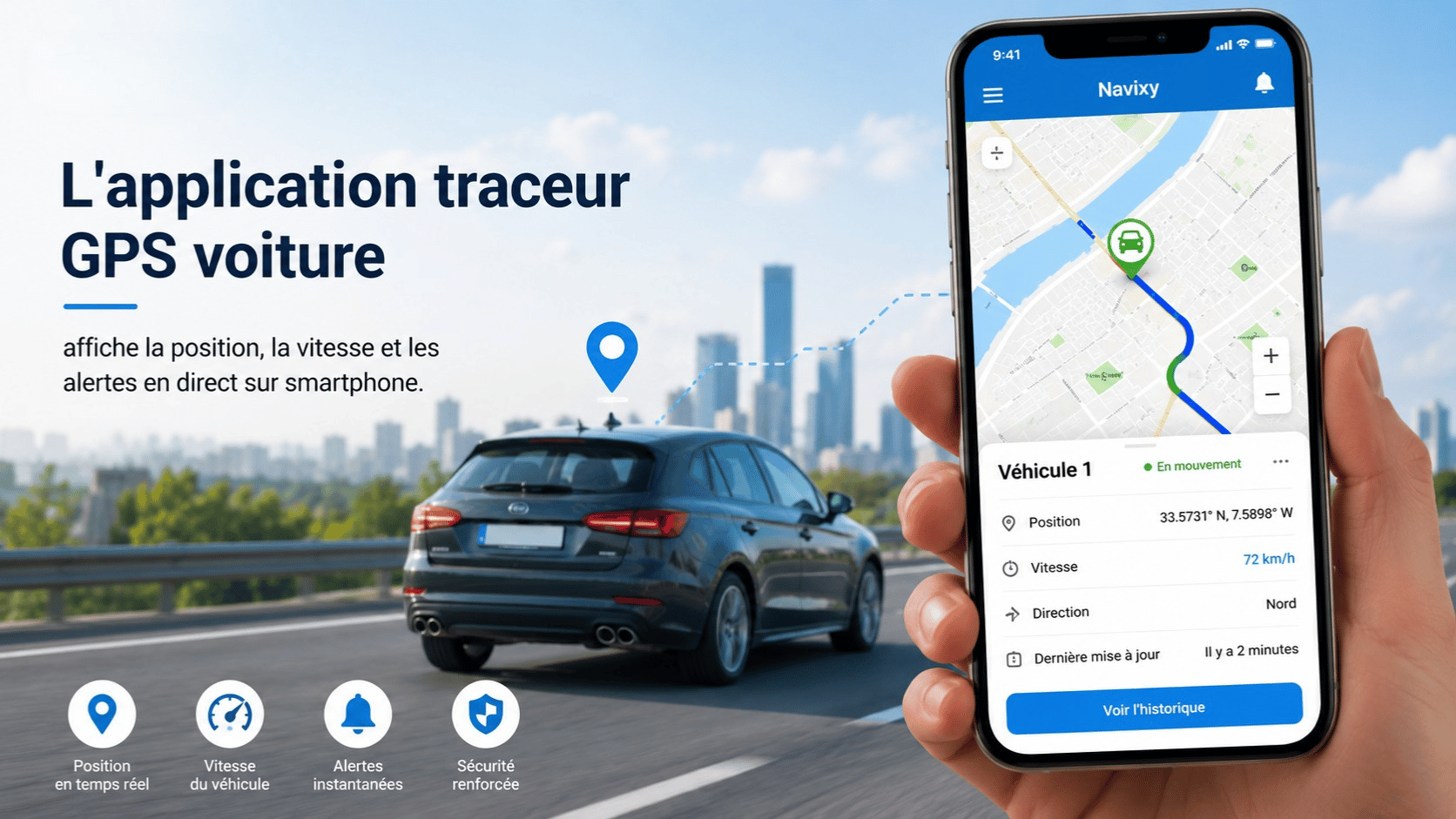 Application traceur GPS voiture - suivi du vehicule en temps reel sur smartphone avec la plateforme Navixy