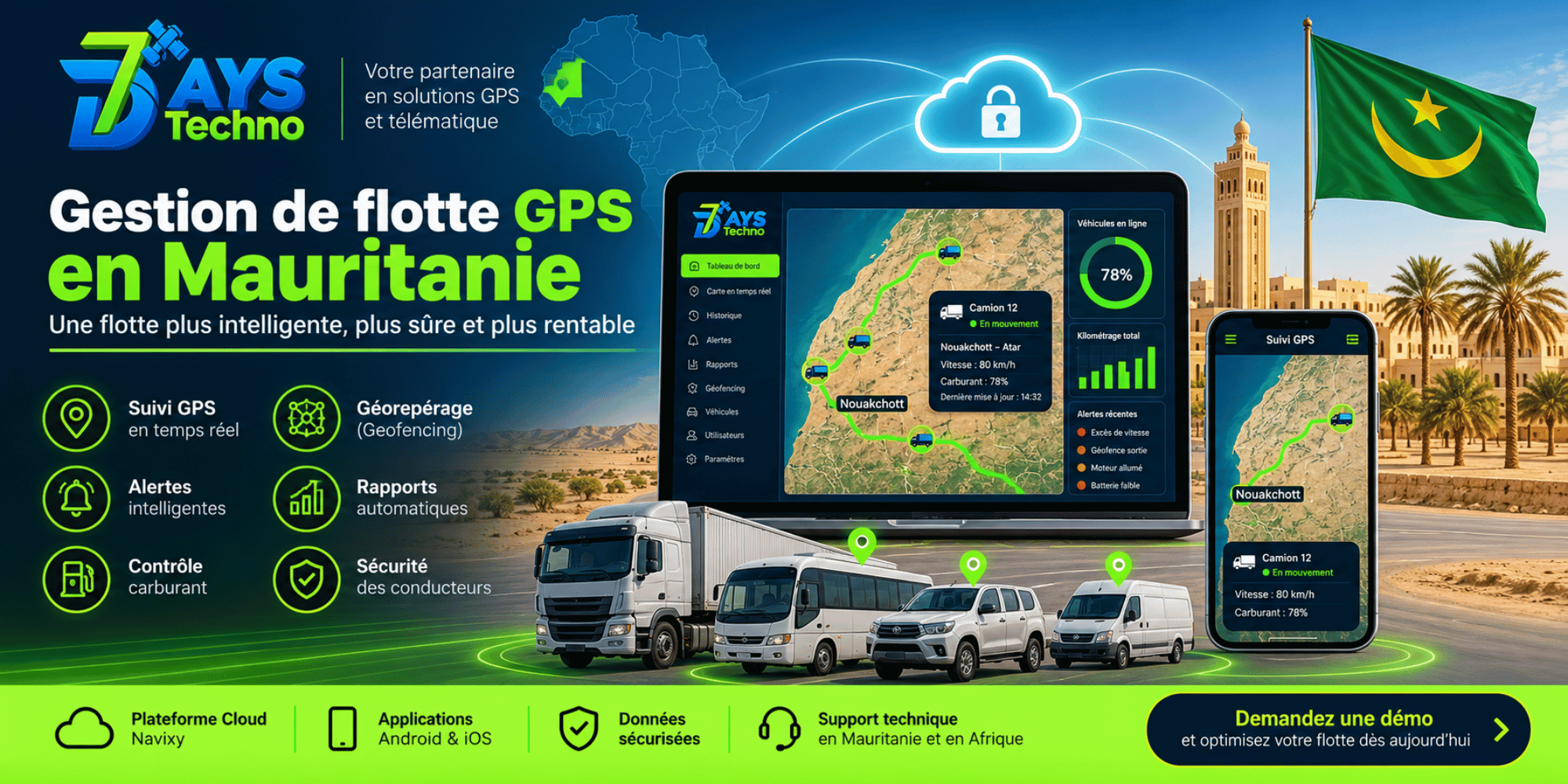 Gestion de flotte GPS Mauritanie - suivi des vehicules en temps reel sur la plateforme Navixy a Nouakchott