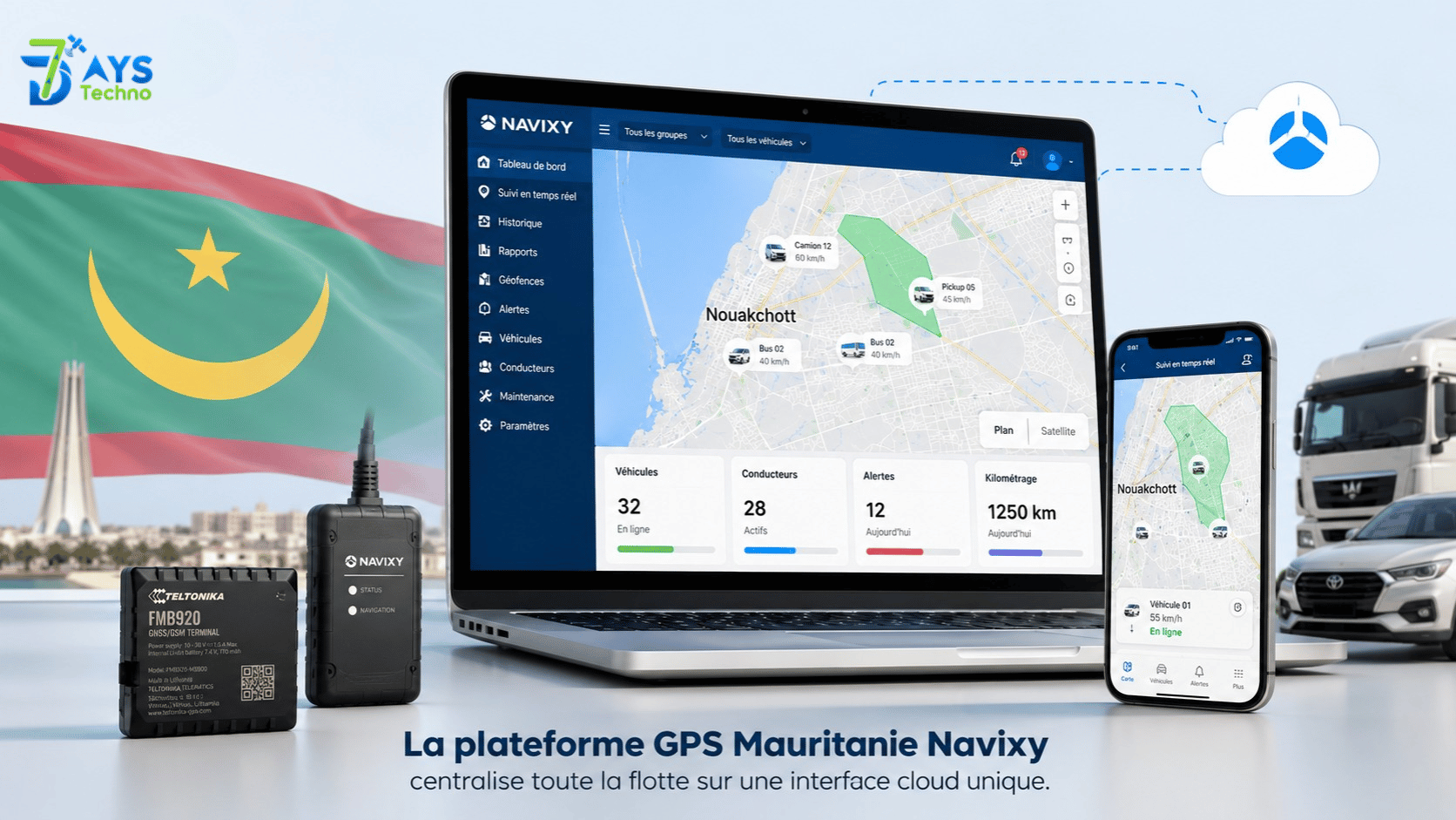 Plateforme GPS Mauritanie - tableau de bord Navixy de gestion de flotte en temps reel a Nouakchott