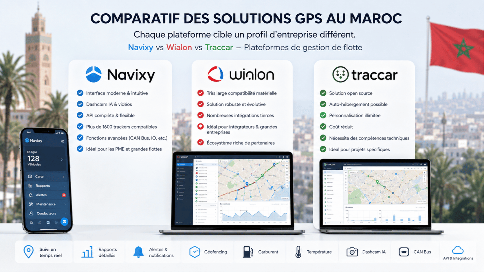 Comparatif solutions GPS Maroc - Navixy vs Wialon vs Traccar plateformes de gestion de flotte