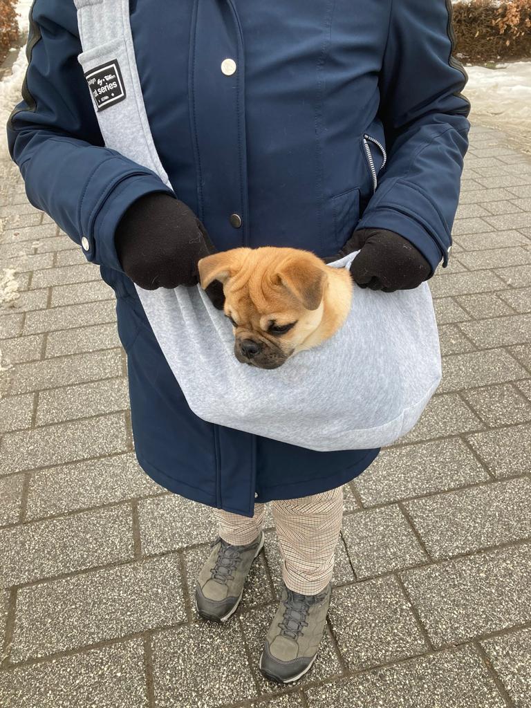 In de draagzak als ik moe ben.