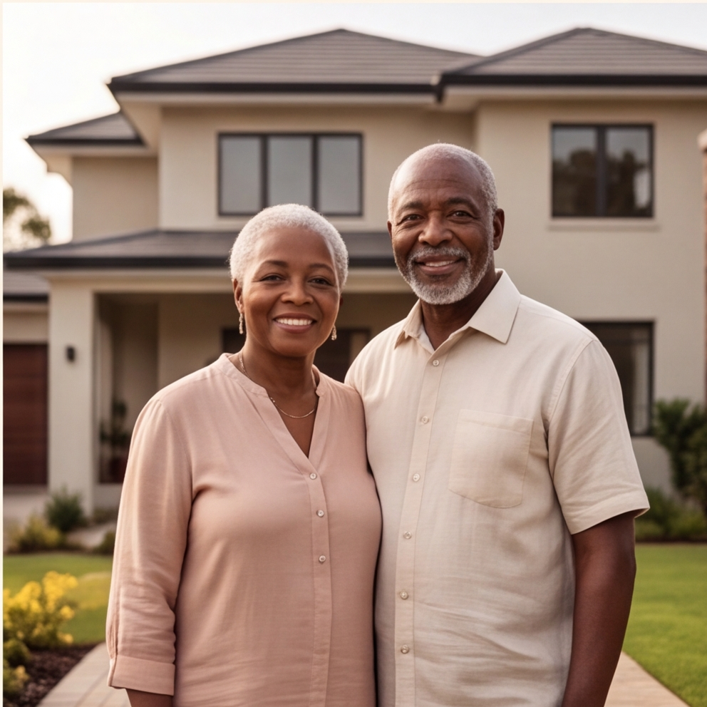 Couple de la diaspora devant leur maison au pays