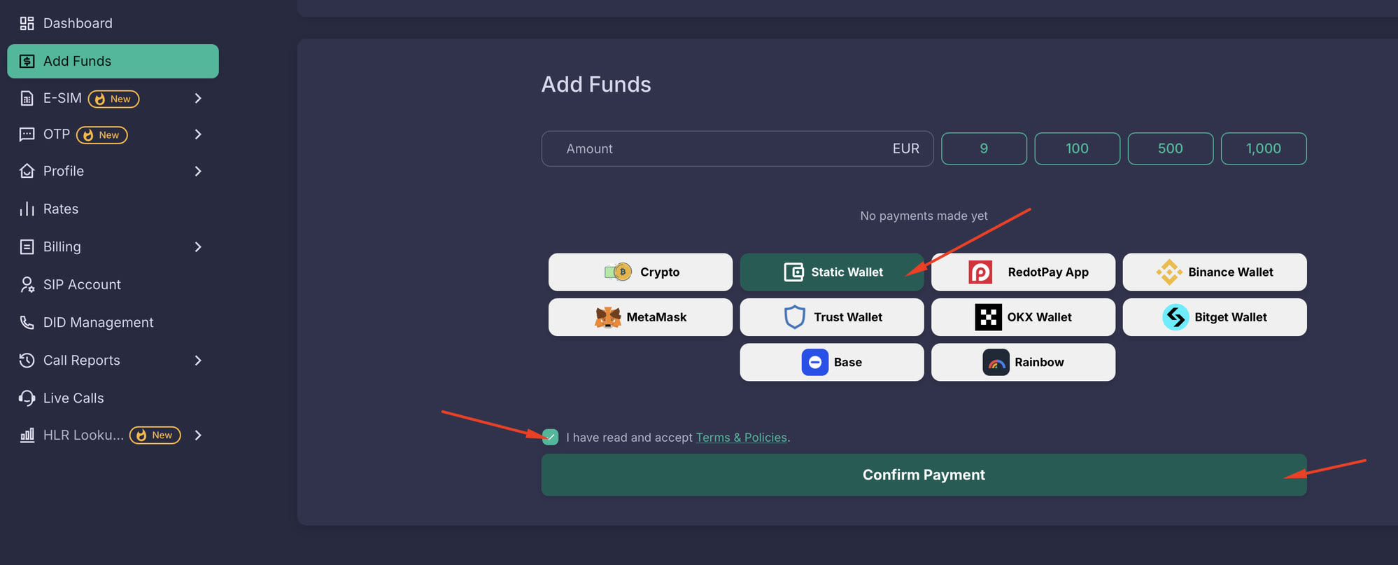 Bitcall panel Add Funds page with the Static Wallet payment method selected, the Terms and Policies checkbox ticked, and the Confirm Payment button highlighted