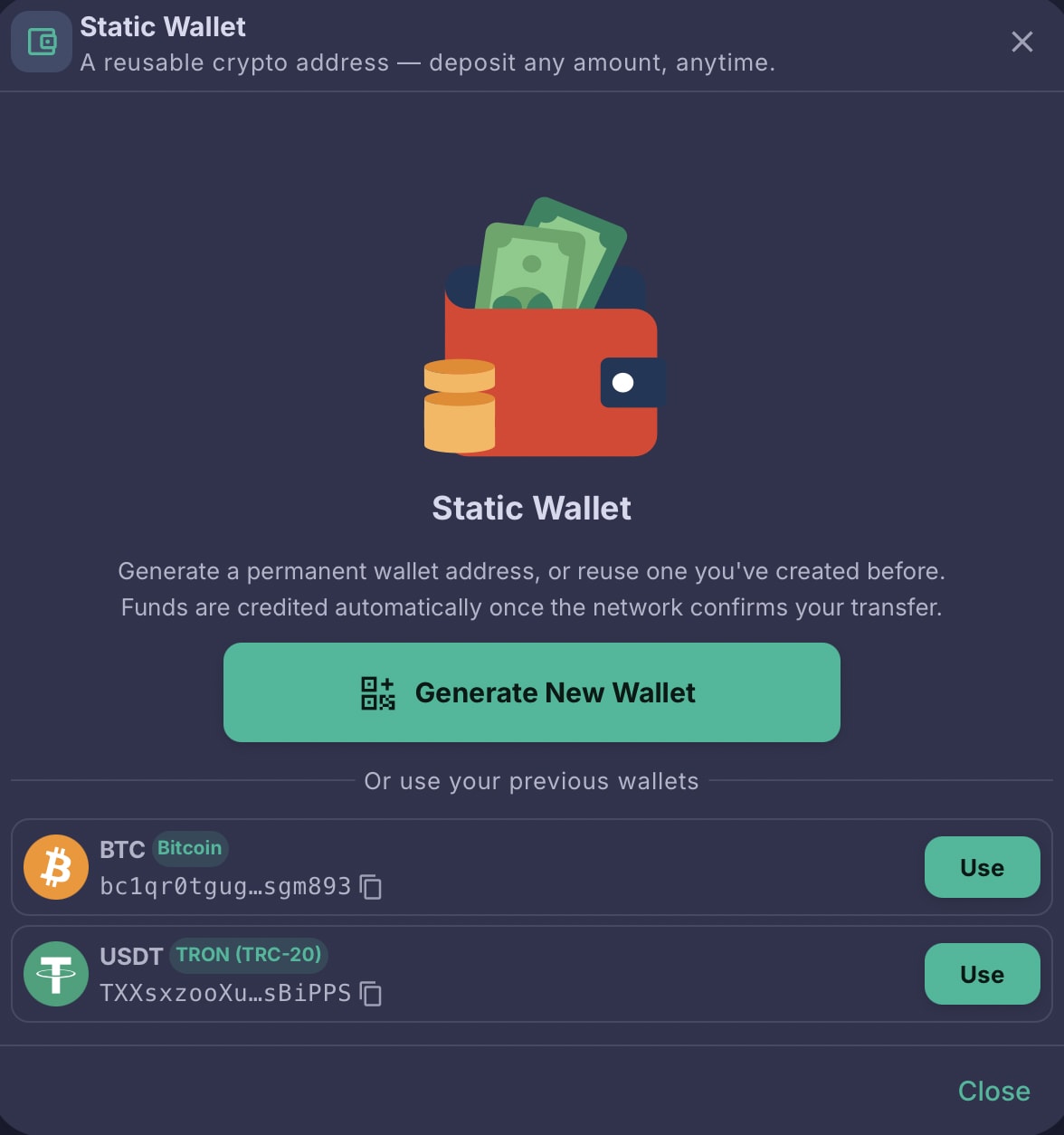 Bitcall Static Wallet screen showing the Generate New Wallet button and a list of previously created static wallets for BTC on Bitcoin and USDT on TRON TRC-20