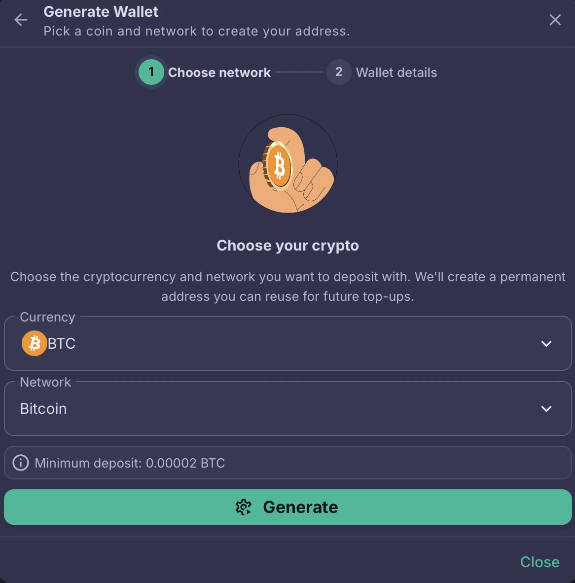 Generate Wallet step one on Bitcall: Currency dropdown set to BTC, Network dropdown set to Bitcoin, the minimum deposit of 0.00002 BTC, and the Generate button