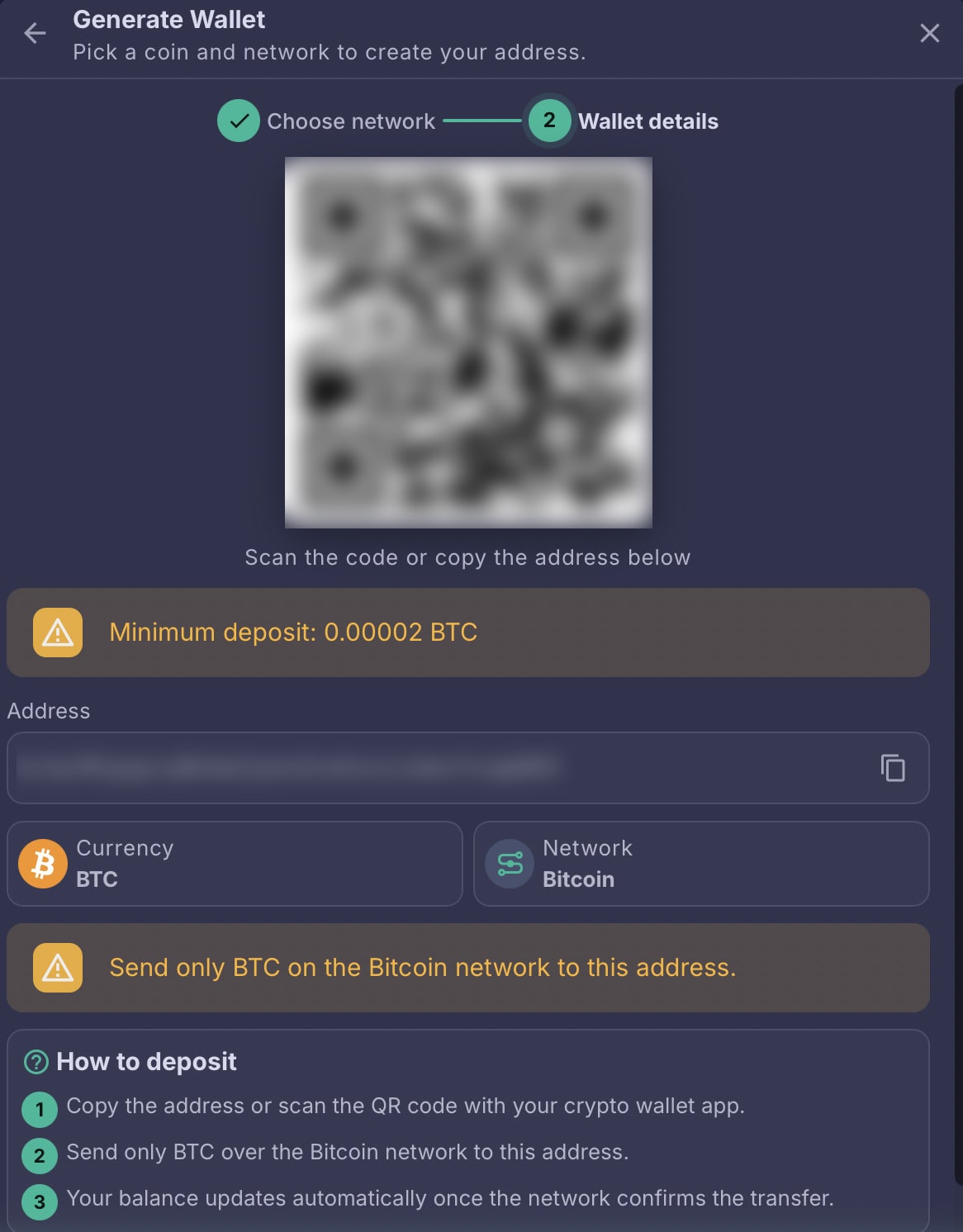 Bitcall static wallet details screen with a QR code, the permanent BTC deposit address, a copy button, the minimum deposit of 0.00002 BTC, Currency BTC and Network Bitcoin cards, and a How to deposit checklist