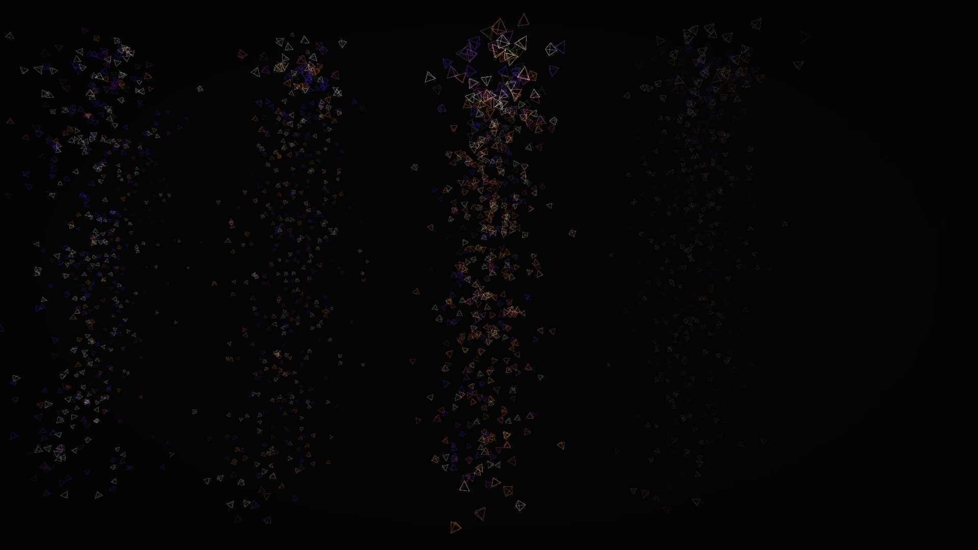 Four columns of outlined violet and amber tetrahedra rising out of the dark, one of them lit