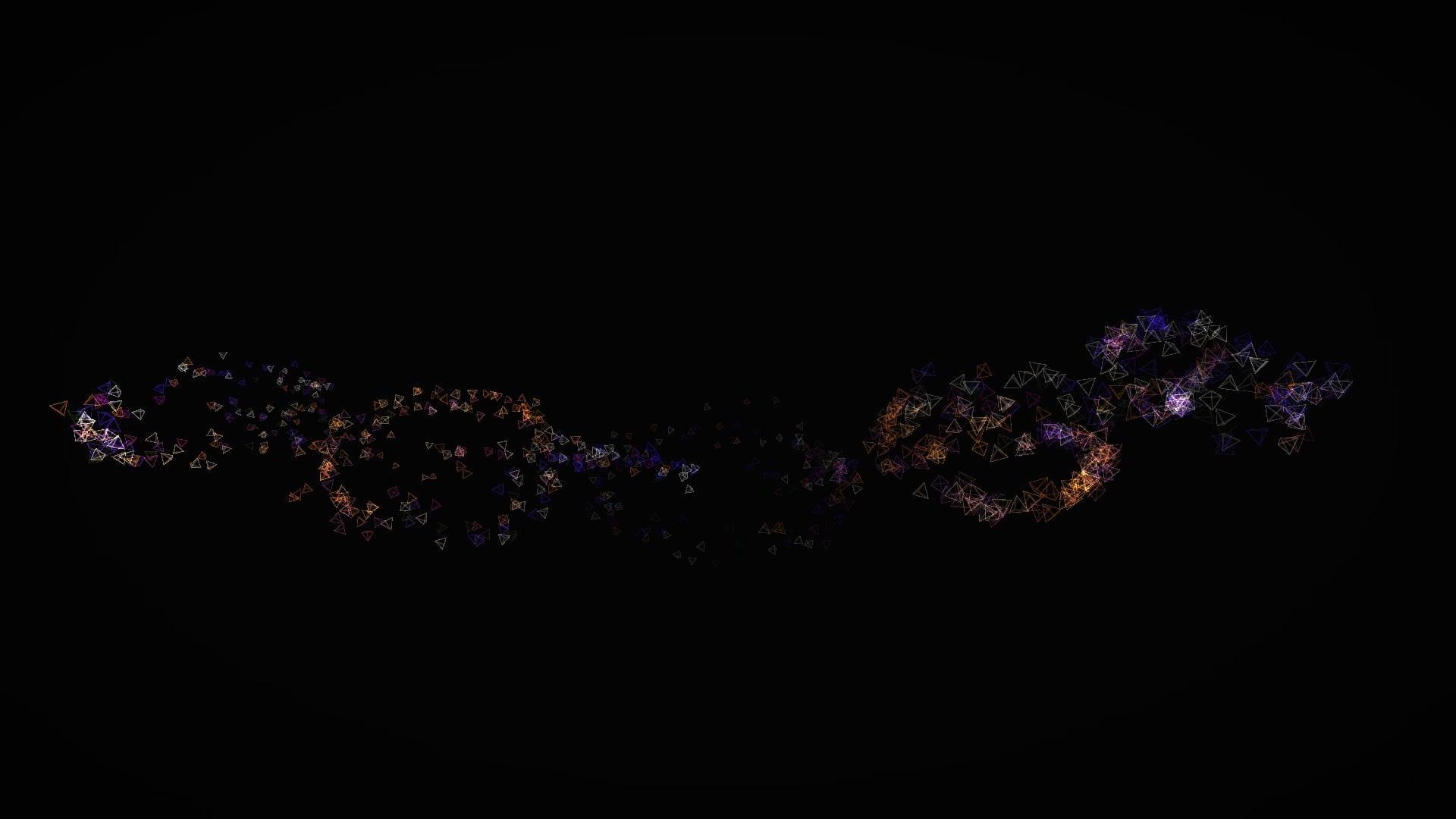 Stations of outlined violet and amber tetrahedra strung along a path curving into the dark