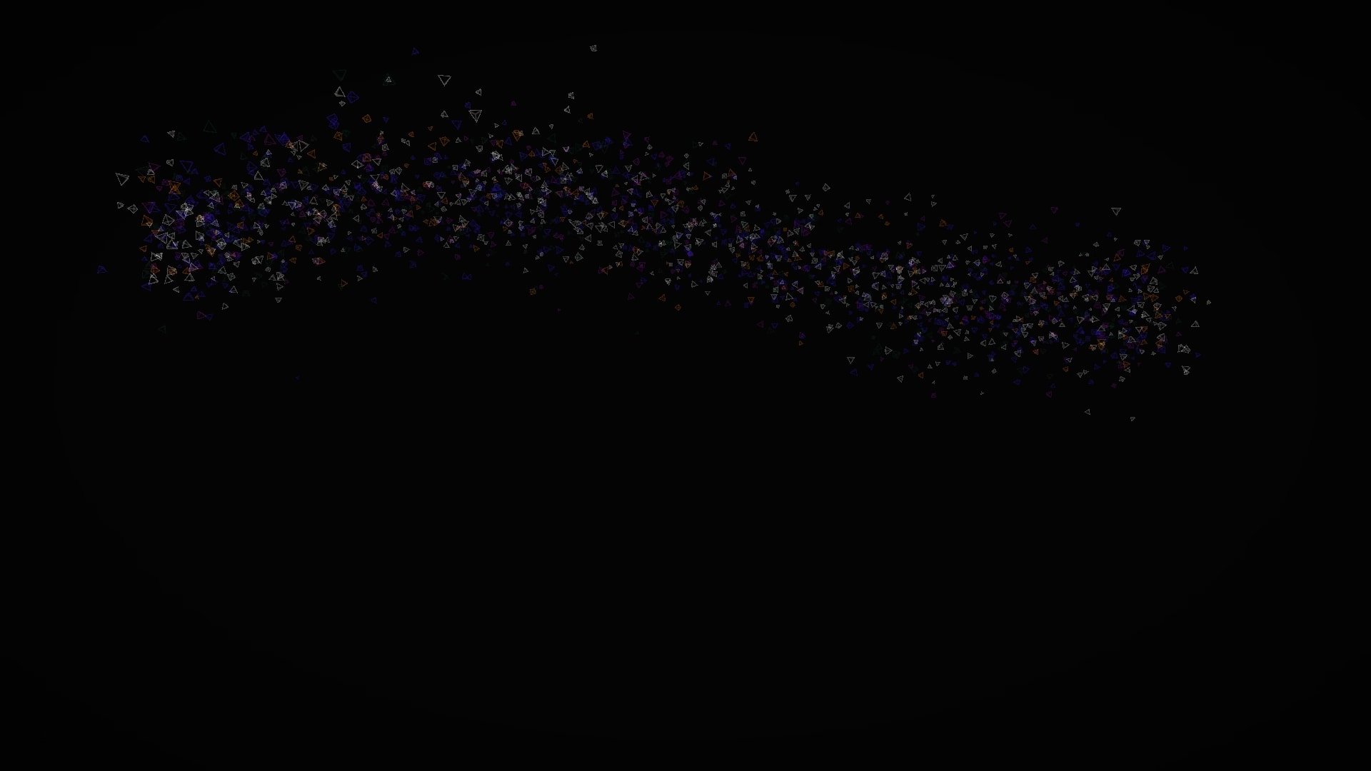 A wide stream of outlined violet and amber tetrahedra flowing across a black field