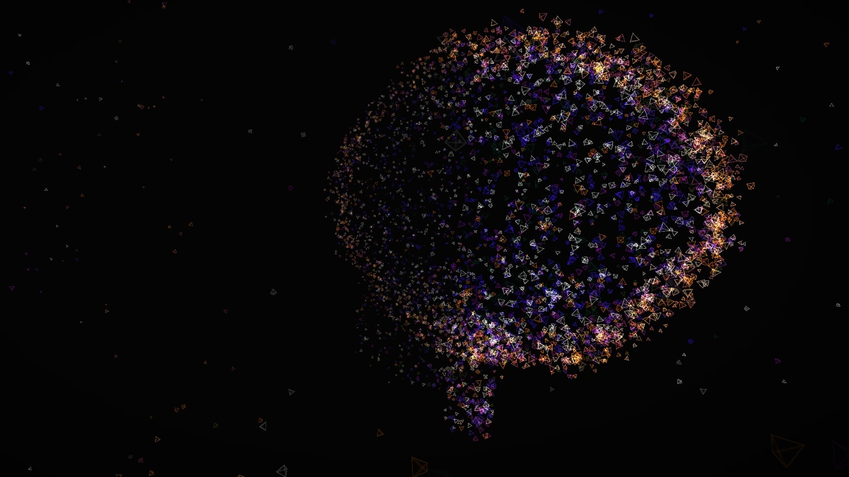 An outlined brain built from thousands of small violet, amber and white tetrahedra on black