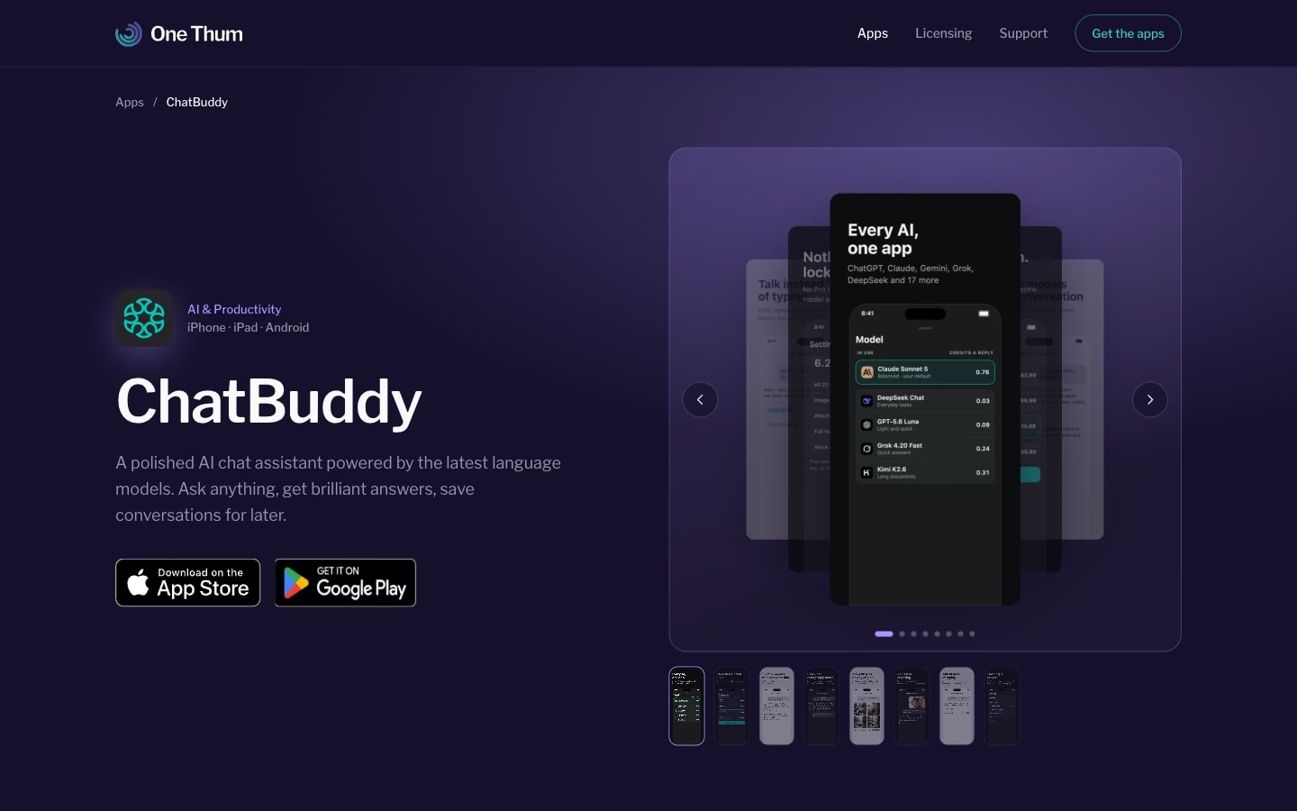 ChatBuddy home page: a dark hero with phone mockups and App Store and Google Play buttons