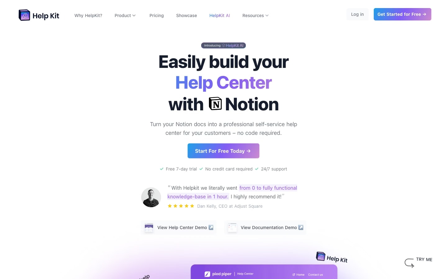 HelpKit home page: building a help center out of Notion pages, above a customer quote
