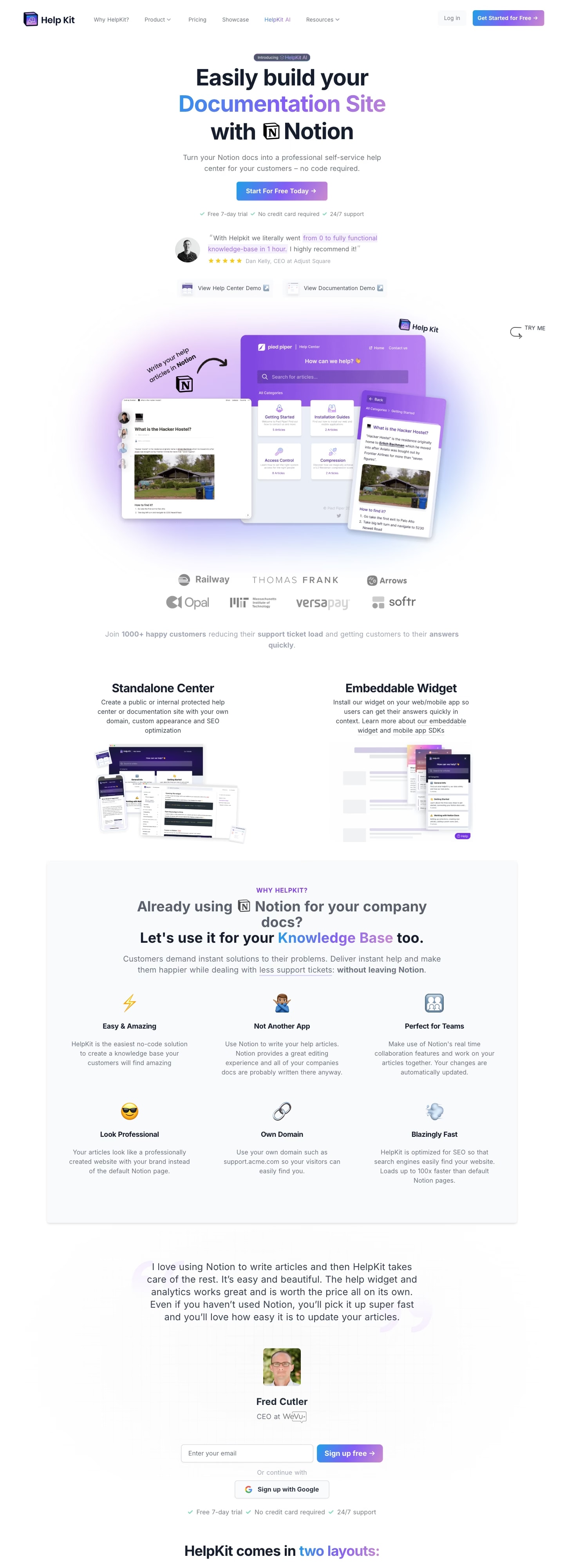 A tall view down the HelpKit home page, through its themes and feature blocks