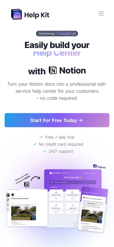 The HelpKit home page at phone width, help-center headline above the fold