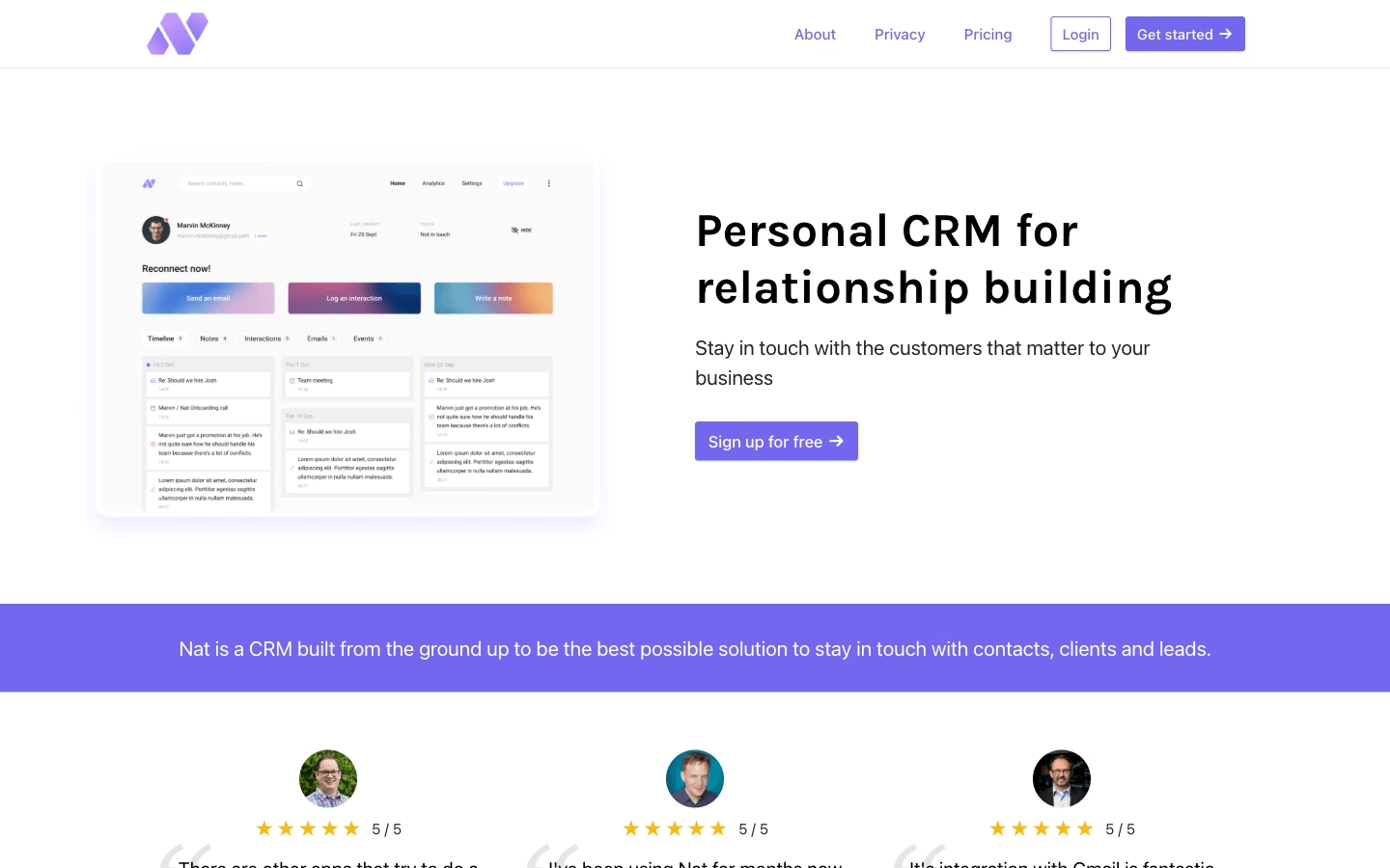 Nat.app home page: a personal CRM for relationship building, beside a contact list preview