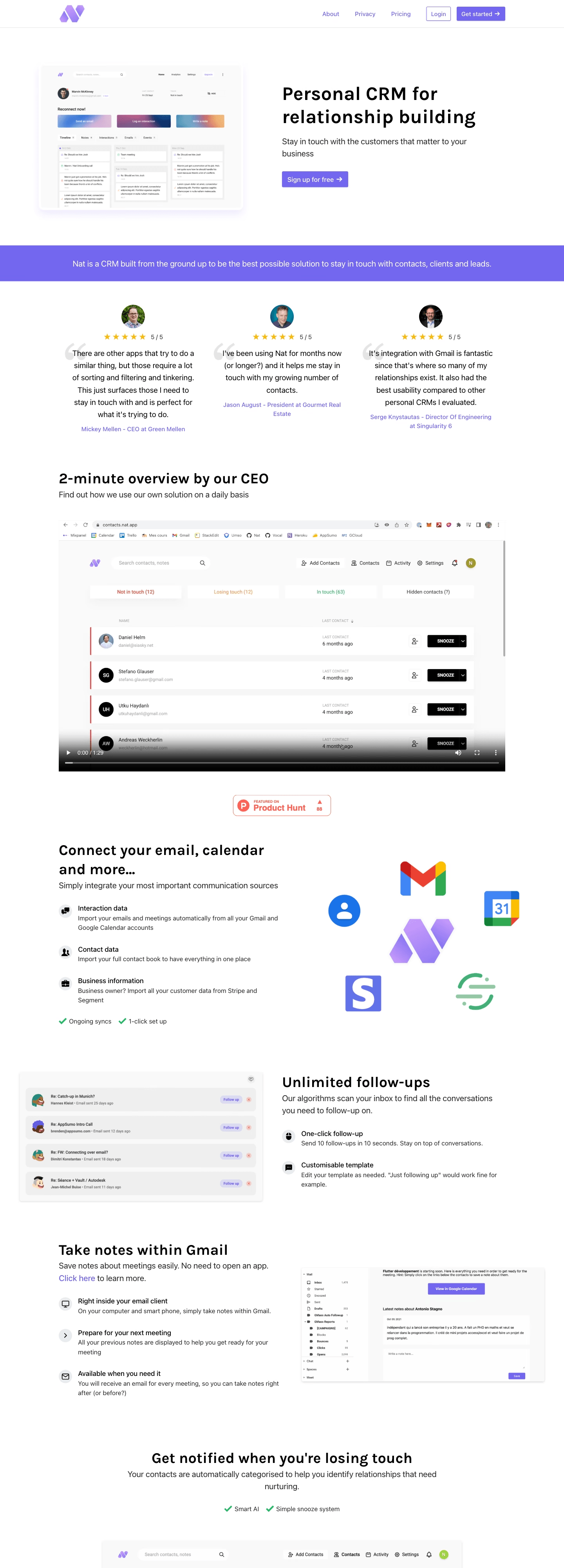 A tall view down the Nat.app home page, past reminders and contact grouping