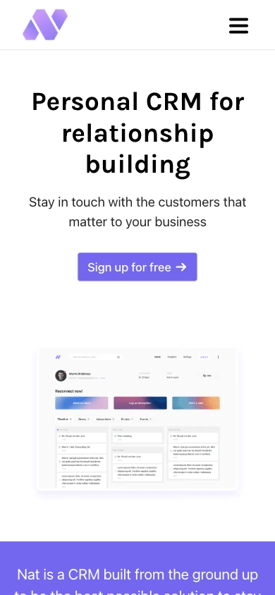 The Nat.app home page at phone width, its relationship pitch above the fold