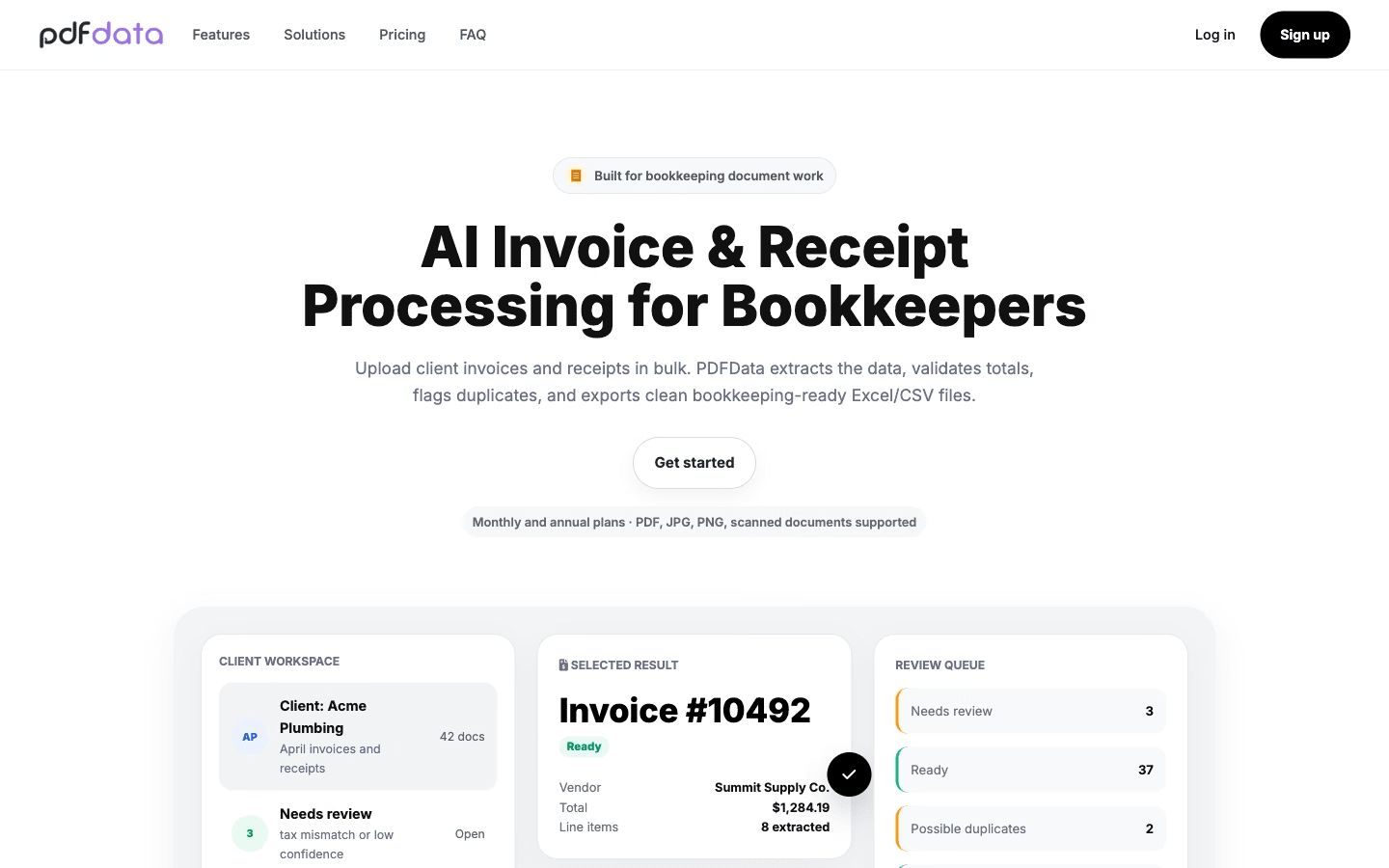 PDFData home page: an extracted invoice card beside a review queue of ready and flagged documents