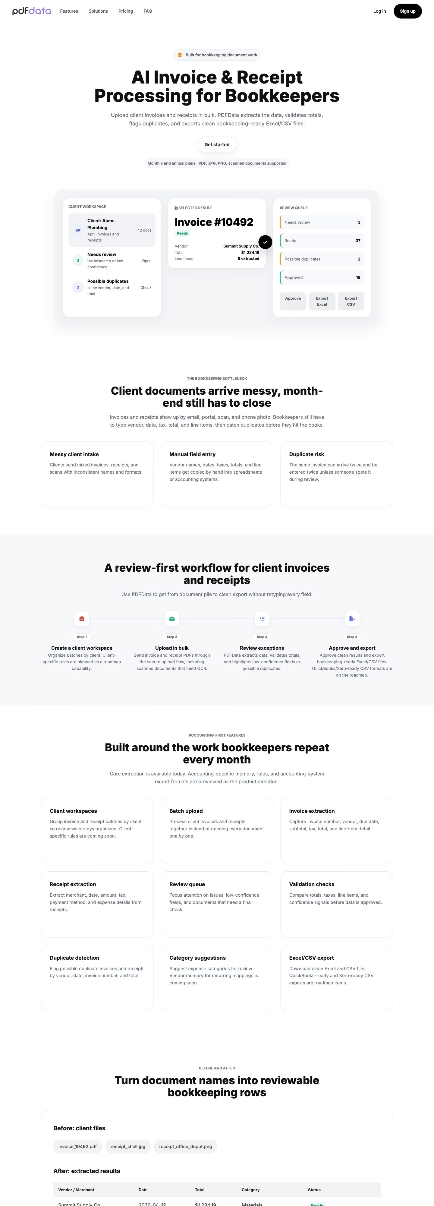 A tall view down the PDFData home page, past how it works and into pricing