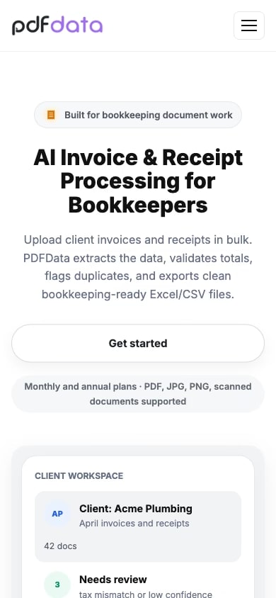 The PDFData home page at phone width, extraction headline above the fold