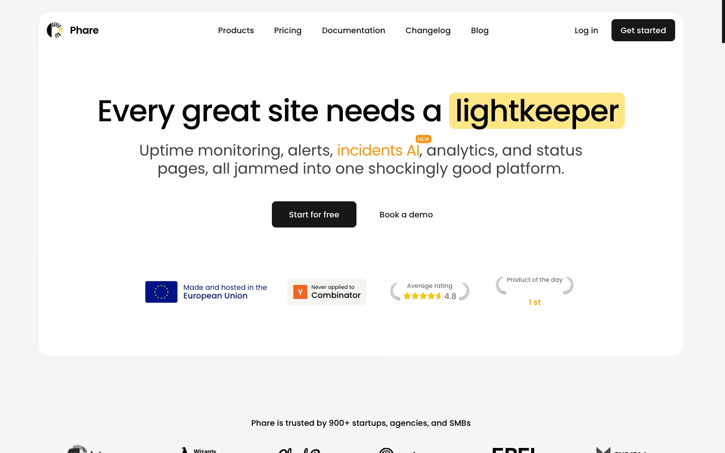 Phare home page: uptime monitoring, alerts, analytics and status pages on one platform