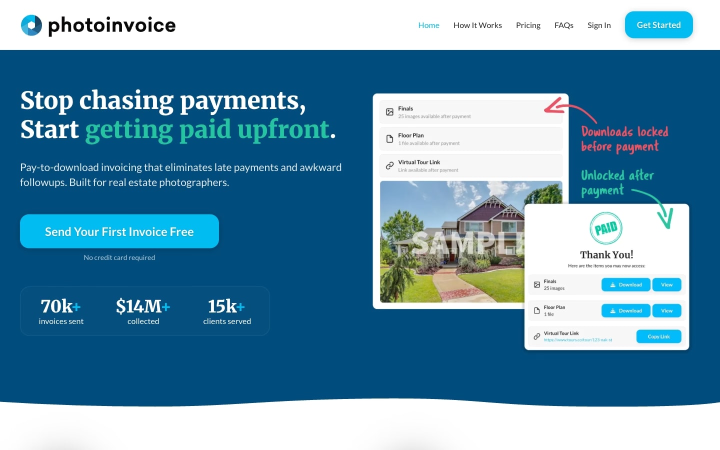 PhotoInvoice home page: pay-to-download invoicing for photographers, with volume and payout figures
