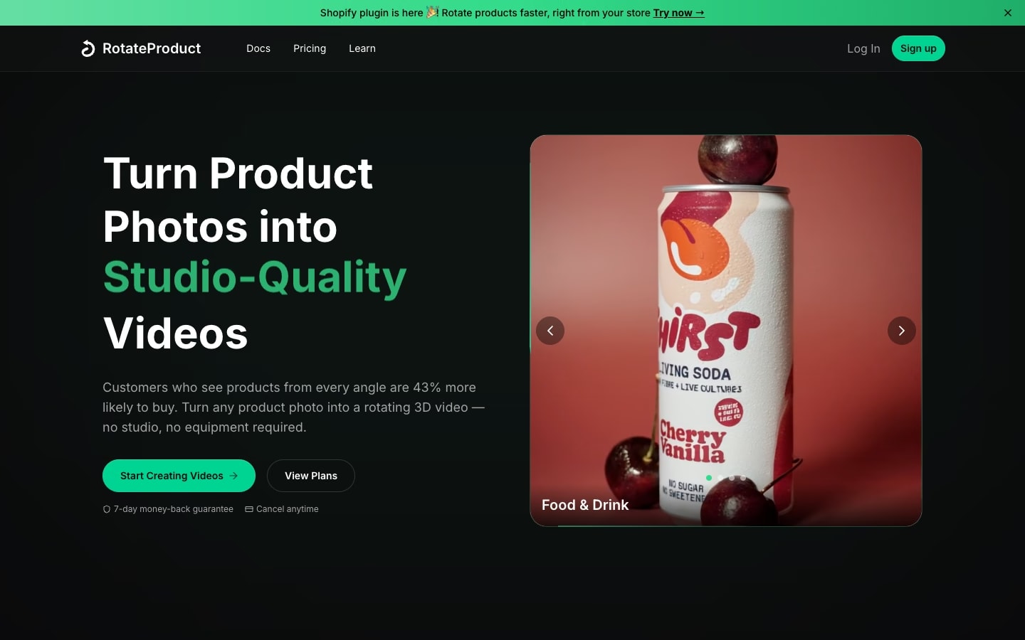 RotateProduct home page: product photos turned into studio-quality video, with a drink can example
