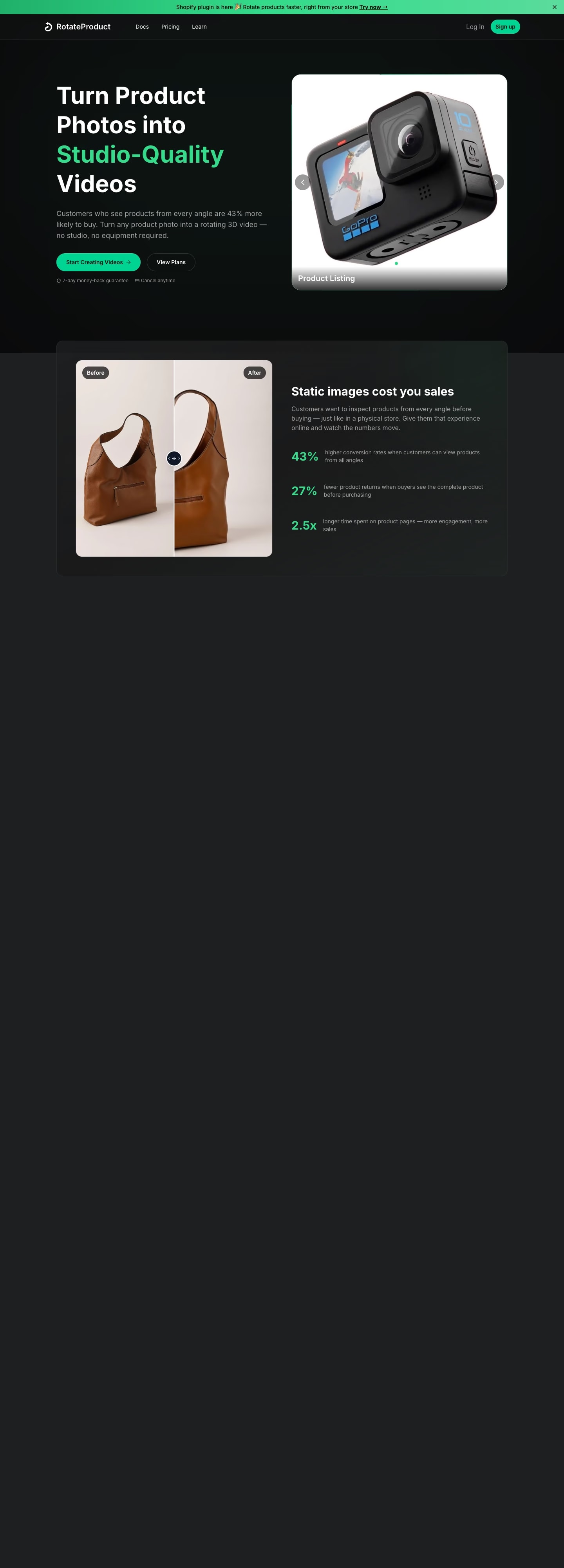 A tall view down the RotateProduct home page, through samples and pricing