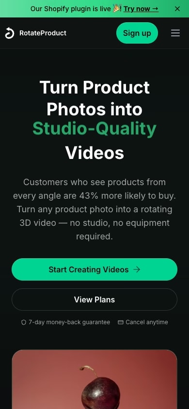 The RotateProduct home page at phone width, its video pitch above the fold