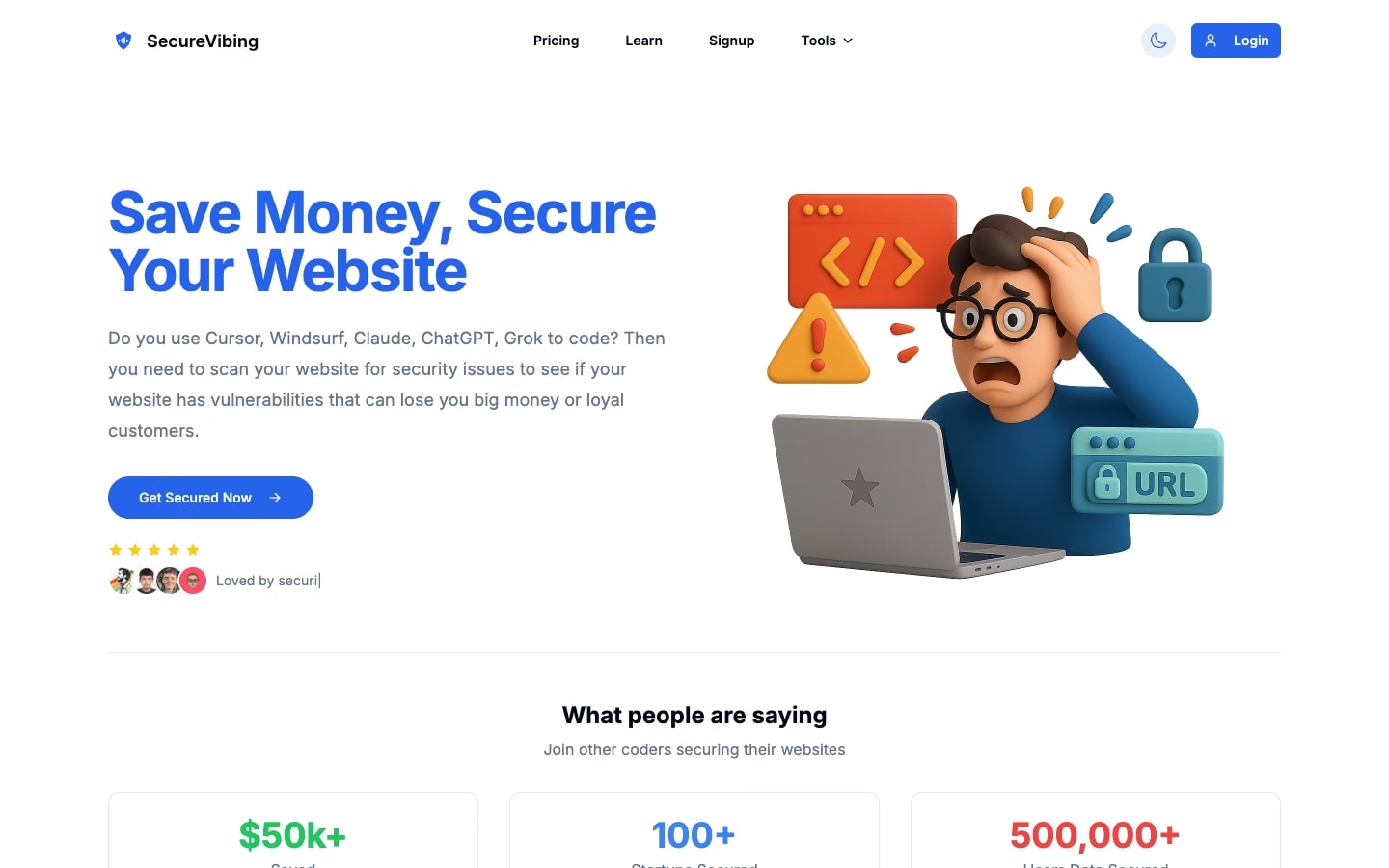 SecureVibing home page: website security scanning, beside an illustration of a worried developer