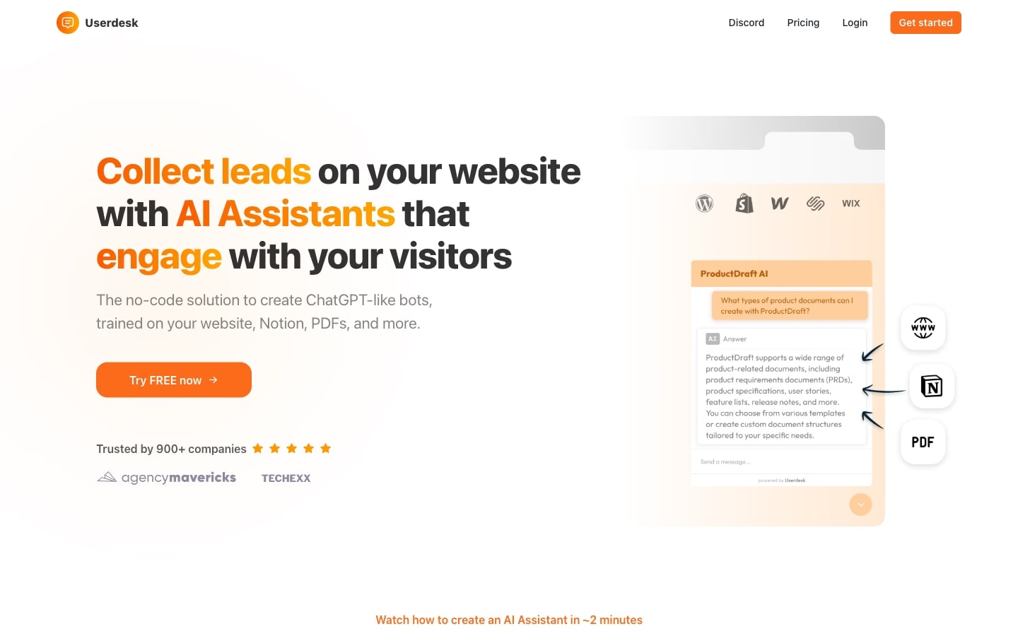 Userdesk home page: AI assistants that collect leads, beside a chat preview and content sources