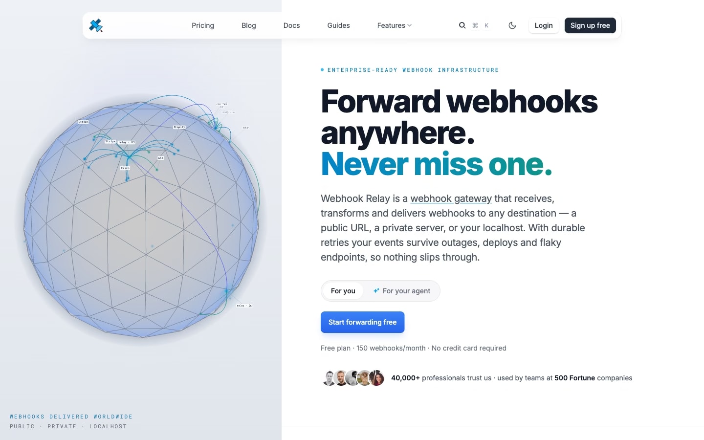 Webhook Relay home page: forwarding webhooks anywhere, beside a wireframe globe of connections