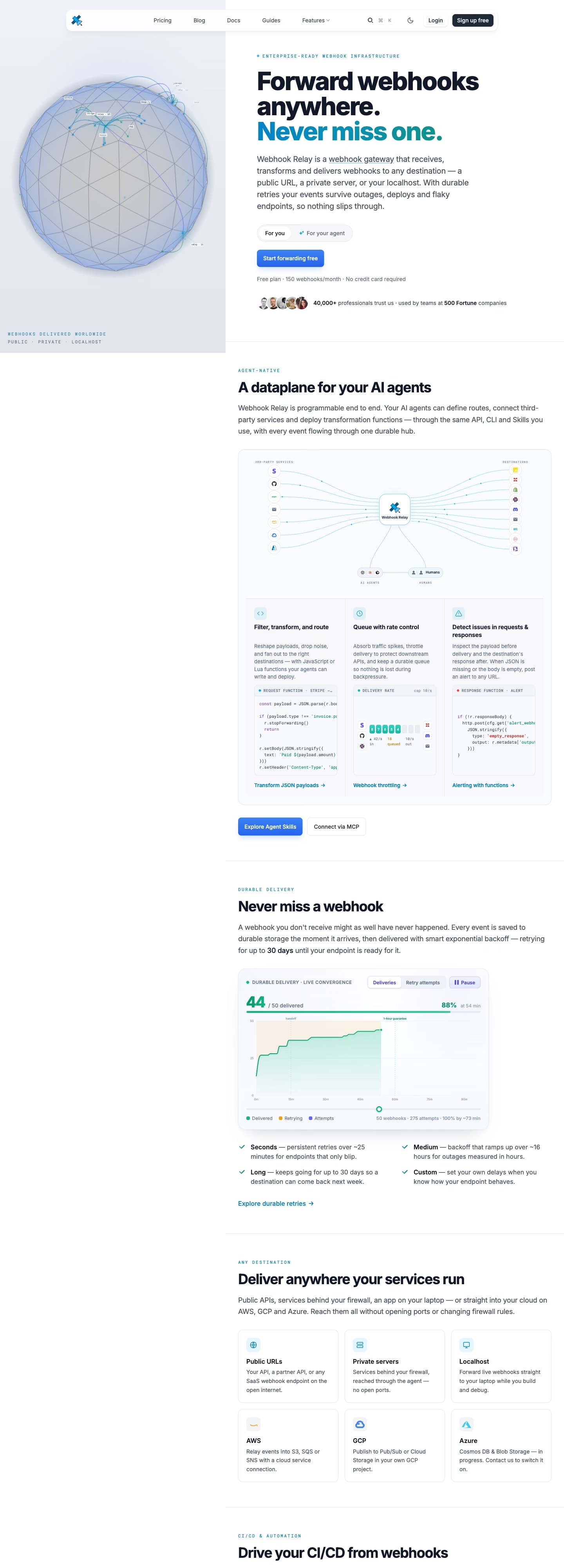 A tall view down the Webhook Relay home page, past its routing and CLI sections