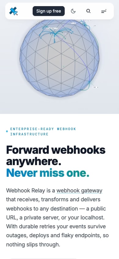 The Webhook Relay home page at phone width, tunnel and relay pitch in a column