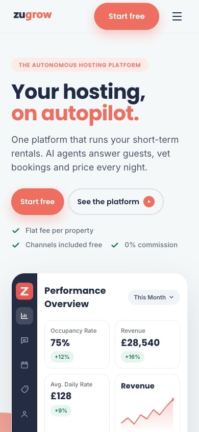 The Zugrow home page at phone width, its agent pitch stacked in one column