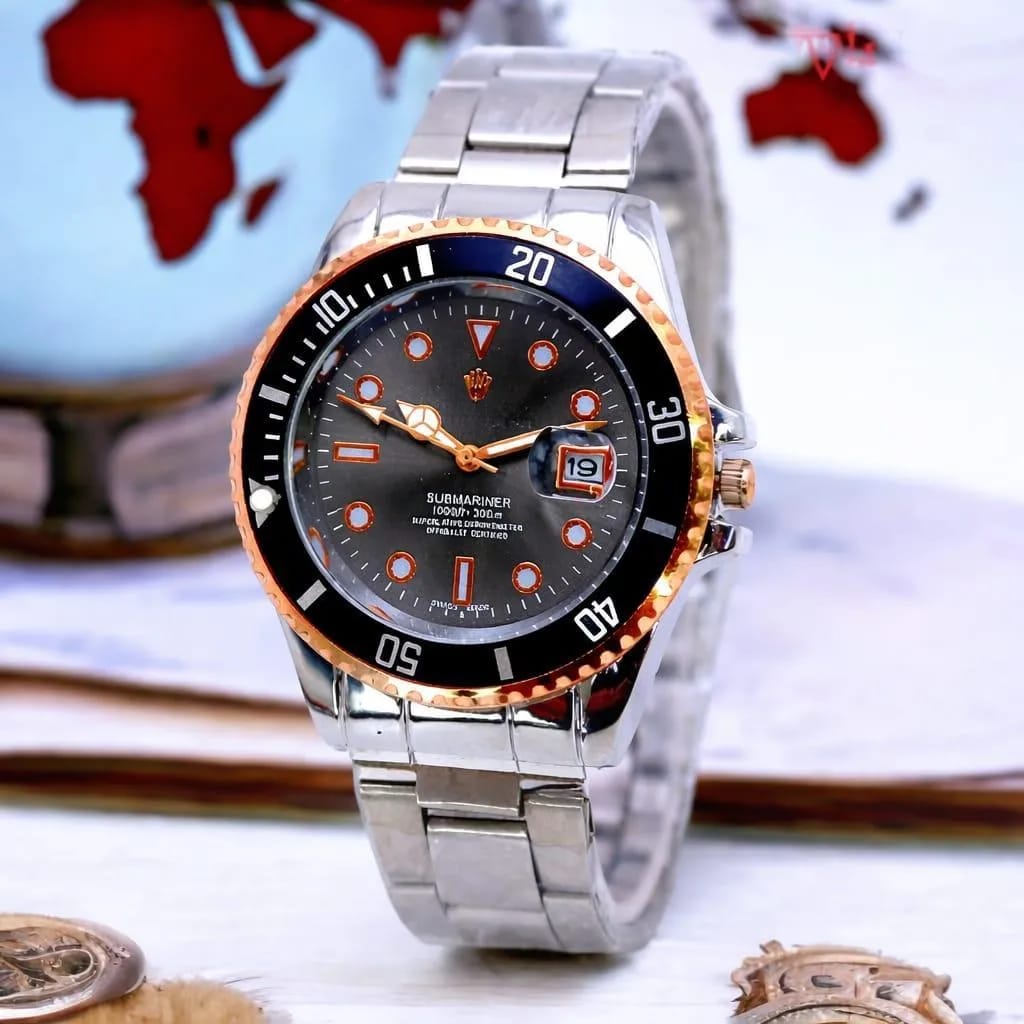 Men's Stainless Steel Date Watch with Rose Gold Dial