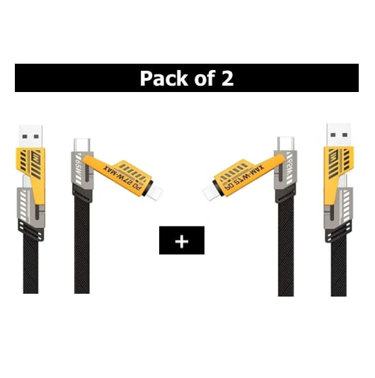 4 in 1 Data Cable – USB-C & Lightning Connectors, Braided Durable Design, Fast Charging &amp; Data Transfer, Black with Yellow Connectors (Without Box)