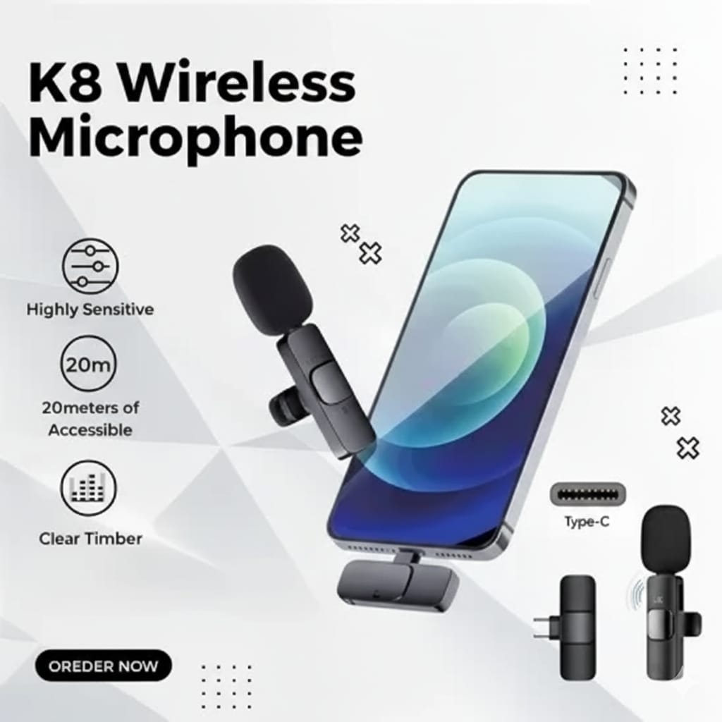K8 Wireless Collar Microphone  Type-C Android Supported | Noise Reduction | Vlogging, YouTube & Podcast Mic
