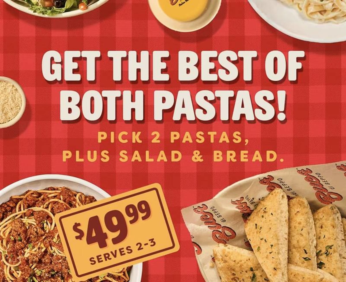 Pick 2 Pastas + Salad & Bread for $49.99