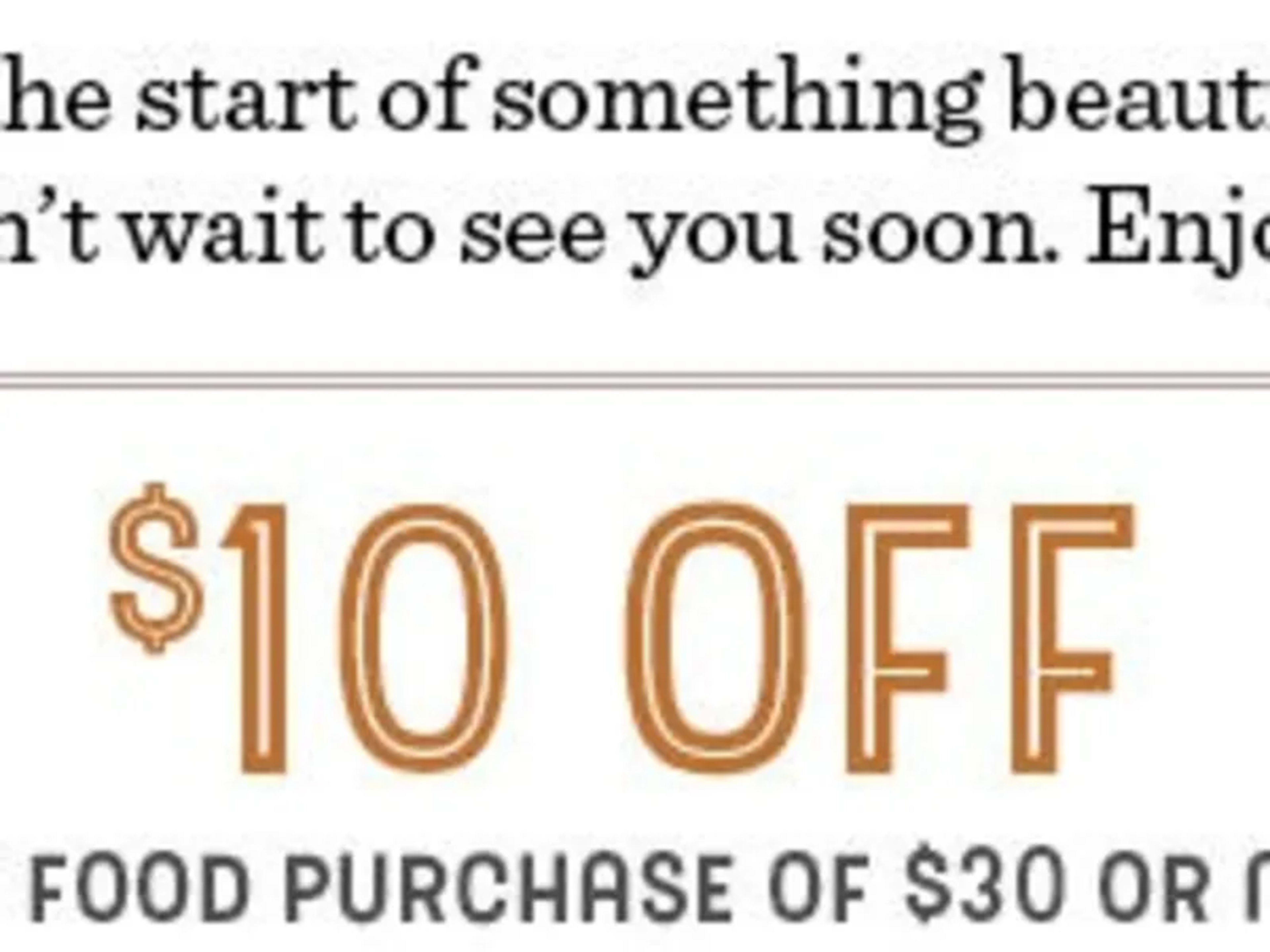 $10 Off Food Purchase of $30+ - Rewards Members Only