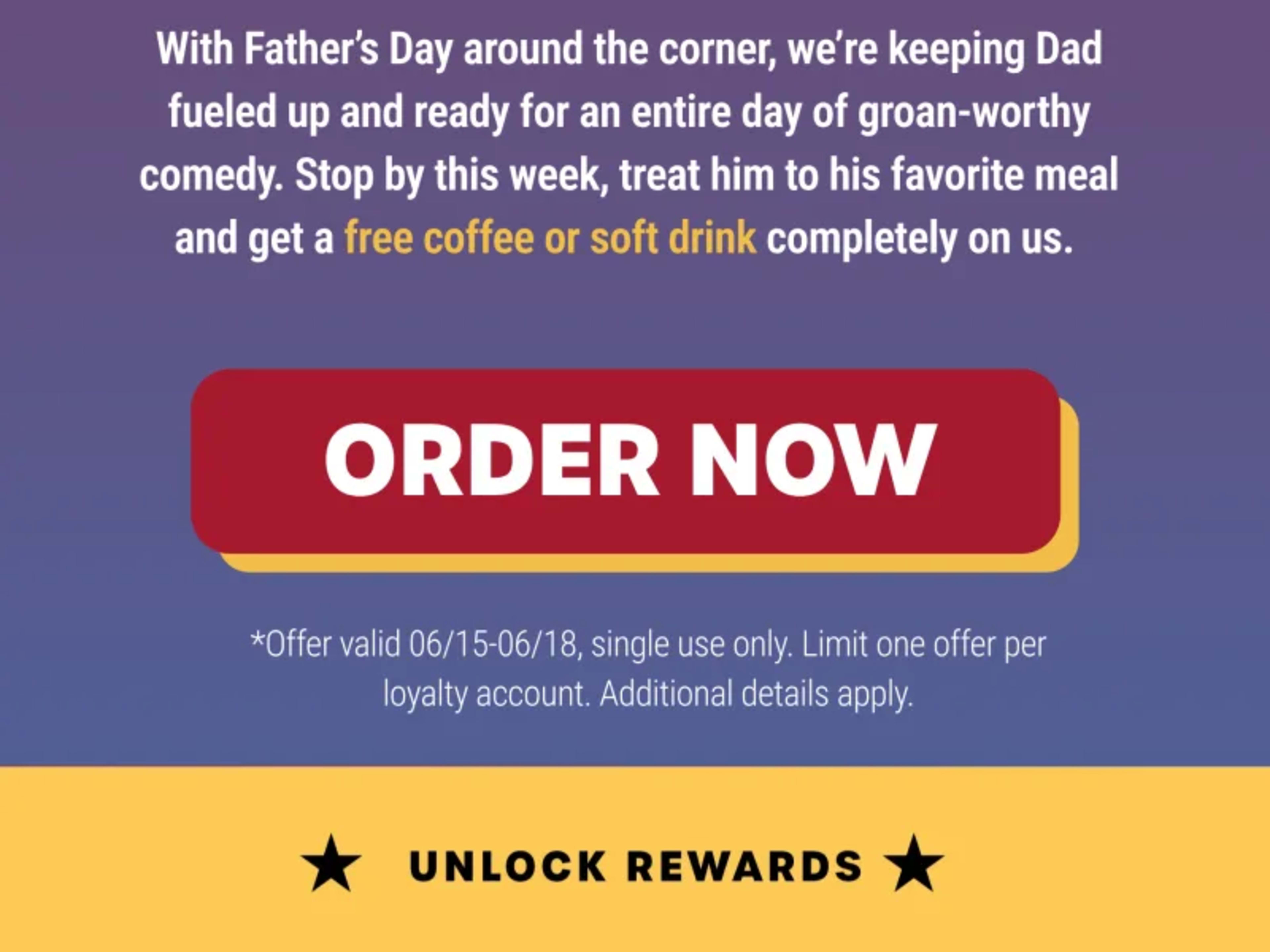 Free Coffee or Soft Drink with Entree - Rewards Members Only