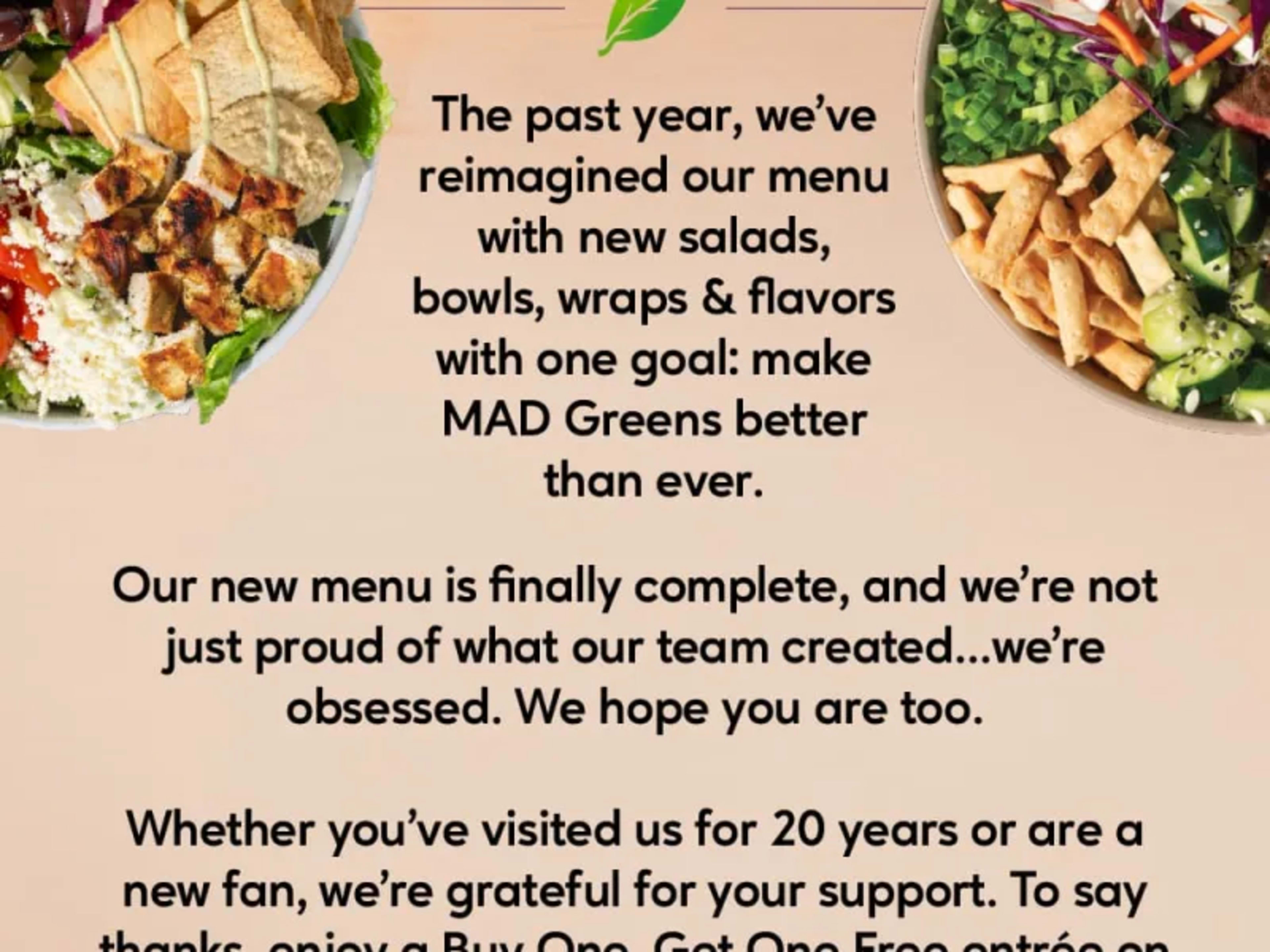 BOGO Free Entrée on Entire Menu - Welcome Reward