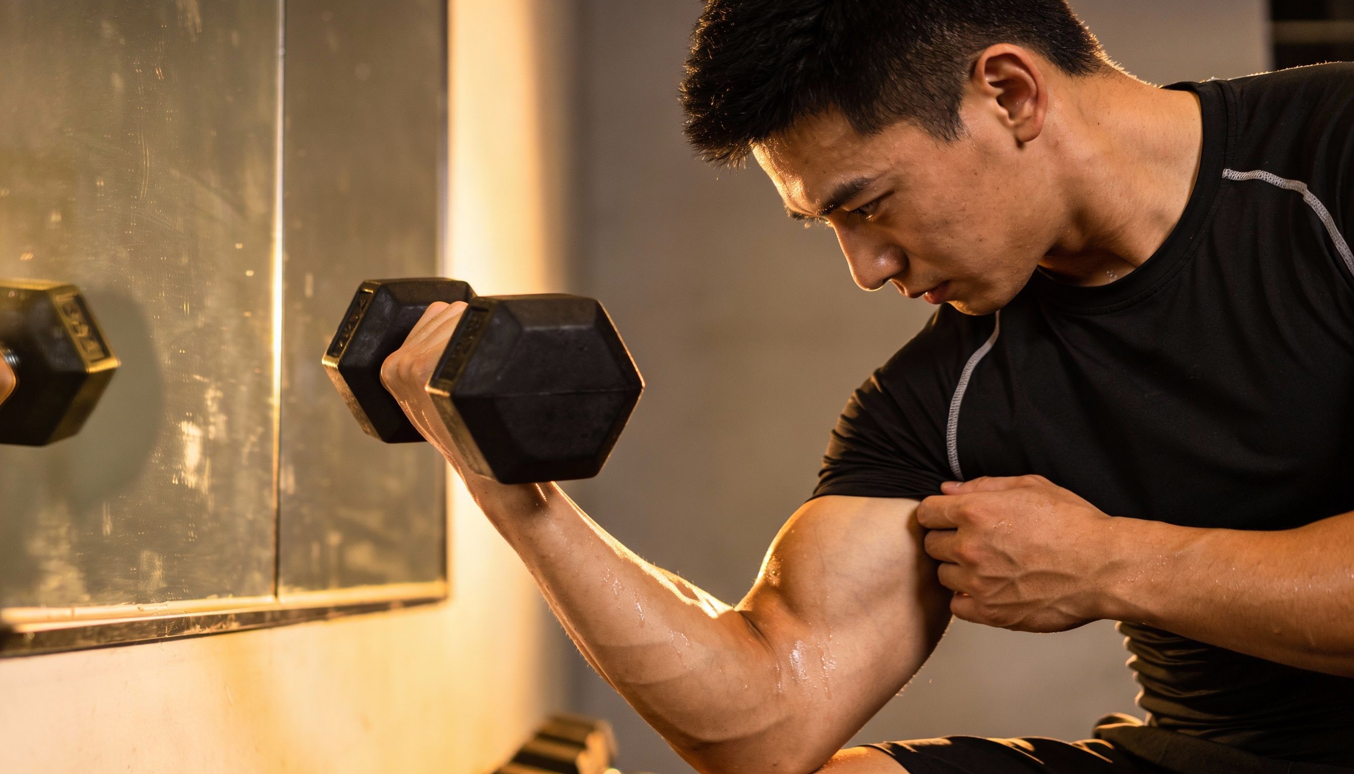Atleta concentrado realizando ejercicio de bíceps con mancuerna, mostrando la importancia de la conexión mente-músculo en el entrenamiento