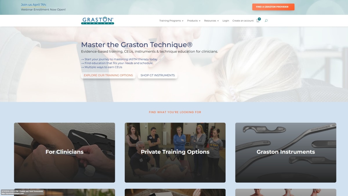 Graston Technique marketing website showing training and shop paths