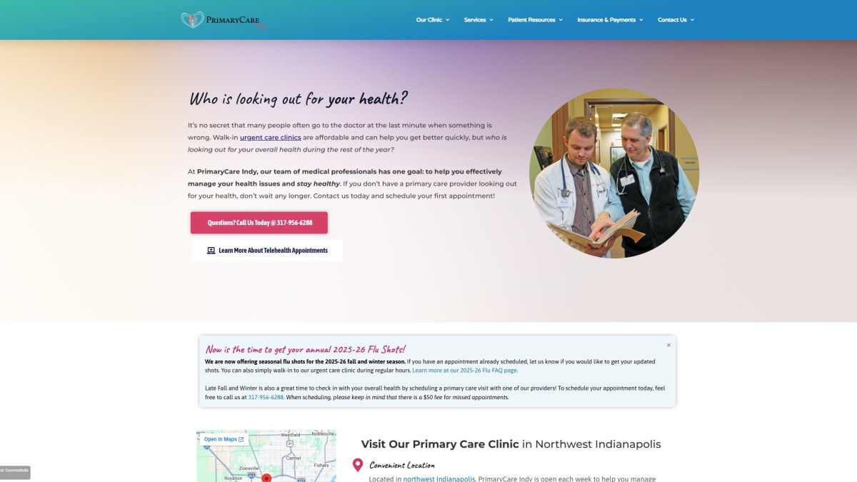 PrimaryCare Indy website after rebuild — clear hierarchy and patient-focused homepage