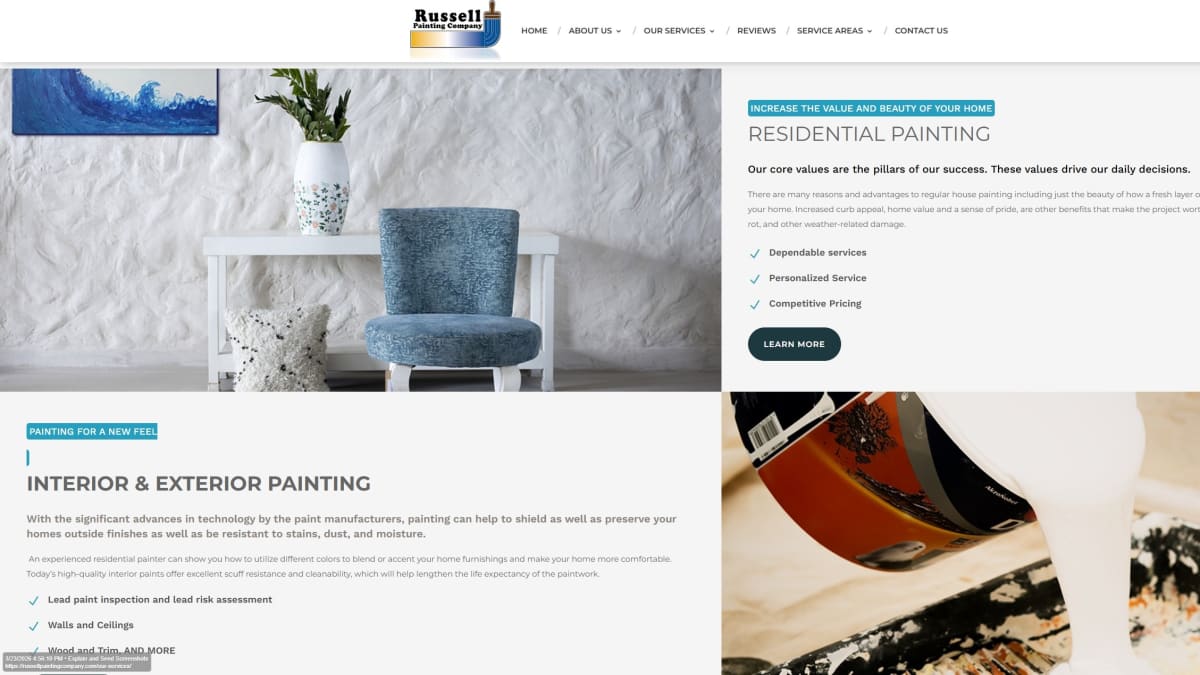 Russell Painting website services page — local trust and clear service structure