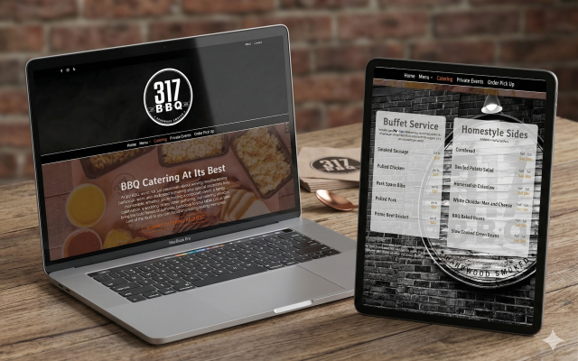 Multi-device 317 BBQ website proof mockup showing desktop catering and tablet menu experiences