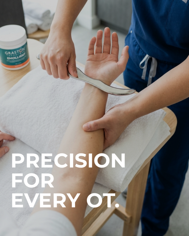 Graston Technique occupational therapy campaign creative showing instrument-assisted treatment in a clinical setting